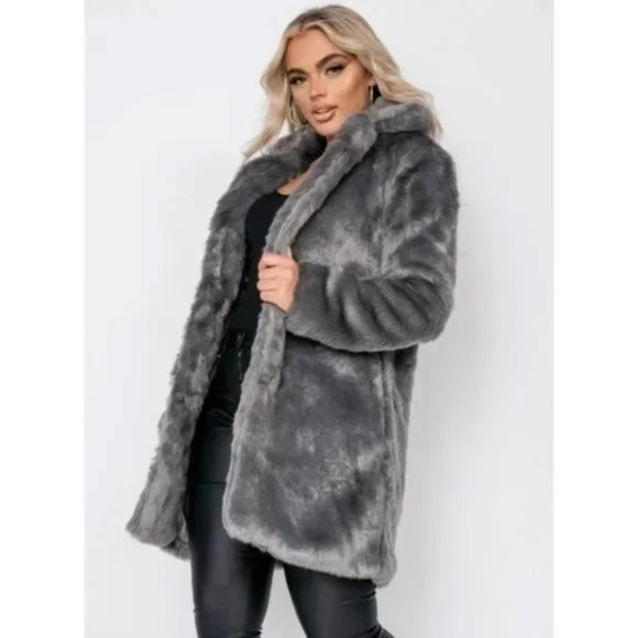 Gray Faux Fur Long Sleeve Collared Coat - Picture 15 of 16